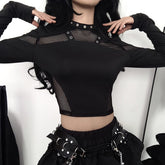 Schwarzes Gothic Punk Fischnetz Langarm Crop Top